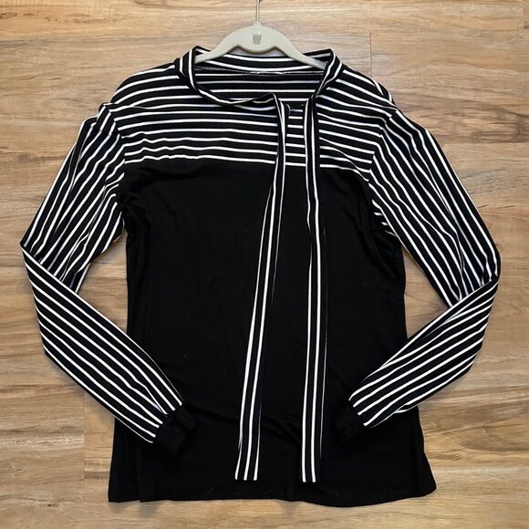 Zeagoo Black & White Stripe Long Sleeve Tie-Neck Top – Size XL - Picture 2 of 4